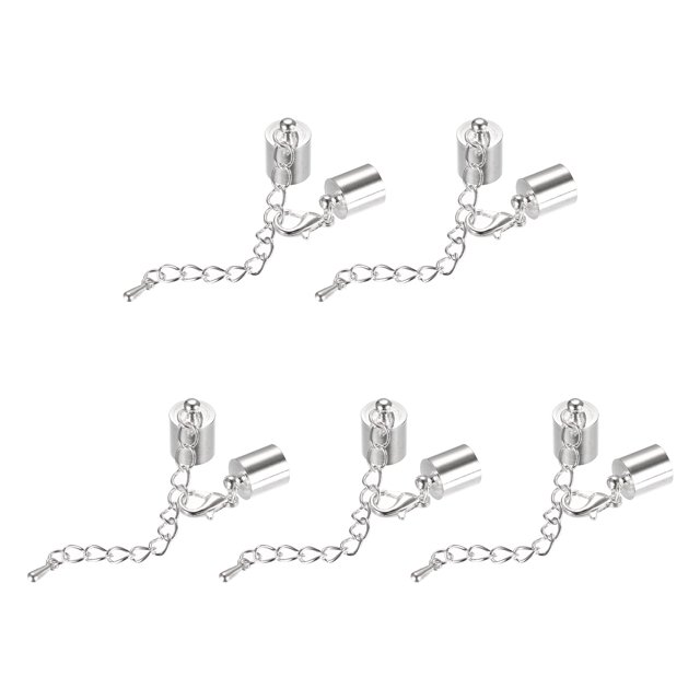 Unique Bargains 10 Ensembles Embouts de Cordon en Cuir 9 mm avec Fermoirs Mousqueton et Chaîne Rallonge pour Bricolage, Ton Rhodium