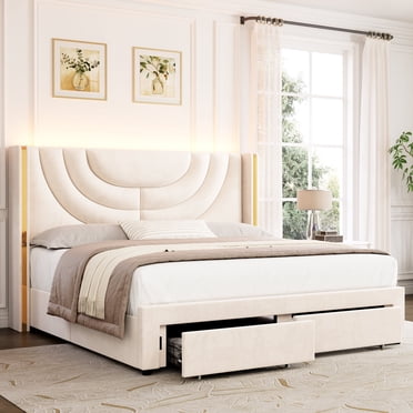 Homfa King Size LED Bed Frame with 2 Drawer Storage, Wingback Platform Bed with Velvet Upholstered Headboard, Off-White