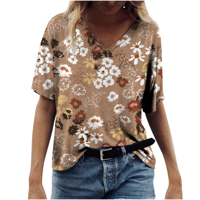 CEHVOM Femmes T-shirt Décontracté Imprimé Floral V-Cou Manches Courtes Pull Tops