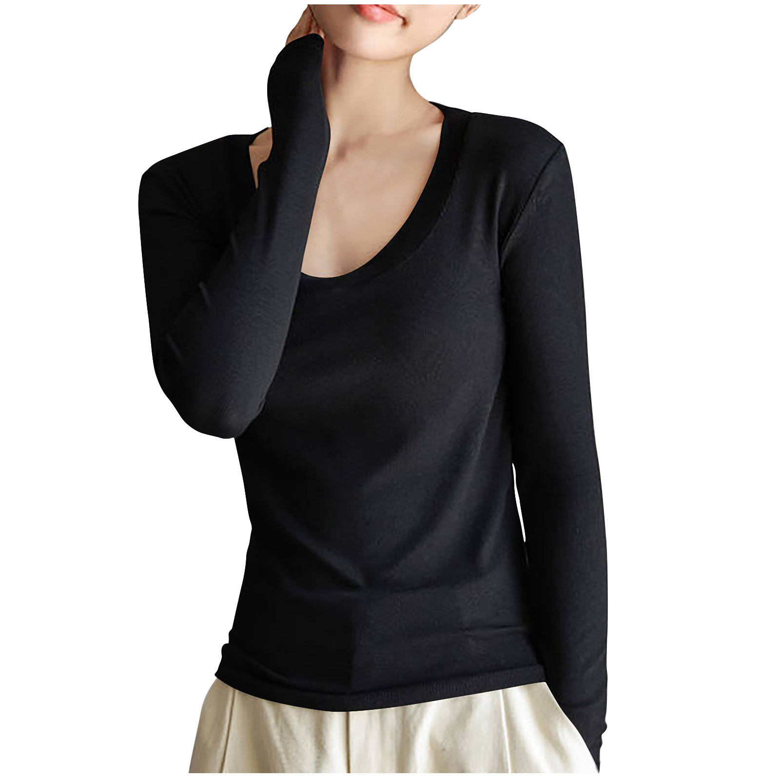 Timegard Hauts pour Femmes Col Rond Manches Longues sous-Vêtements Confortables Couleur Unie Tee Automne Décontracté Slim