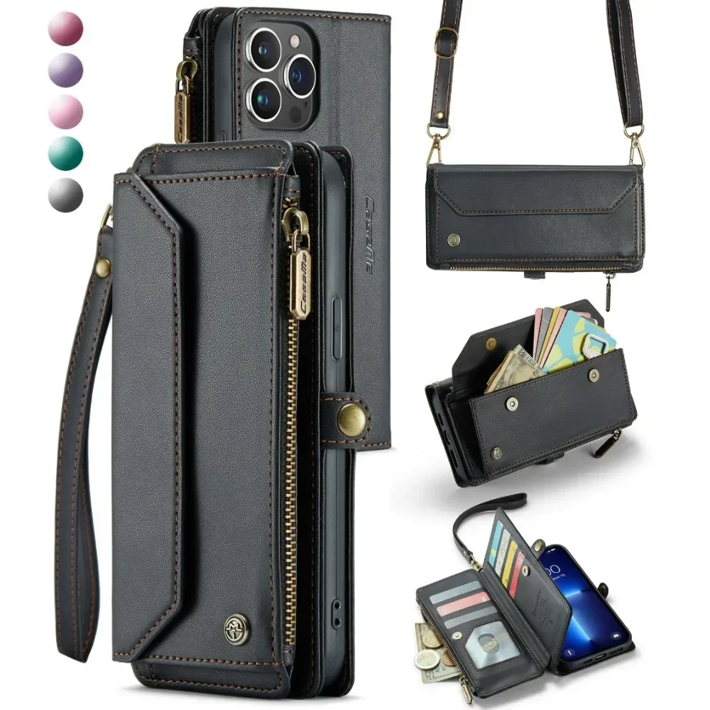 Long Crossbody Wallet Phone Case for IPhone 15 14 13 12 Pro Max Plus Promax Card Slot Holder Lanyard Leather Cover RJ