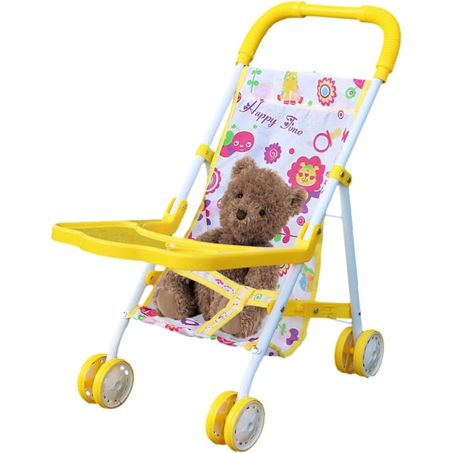 LAICAIW Poussette pour Poupée, une Poussette Jouet Pliable et Réaliste pour Enfants, Présentant un design Multicolore avec des Motifs Vifs et le Texte « Happy Time » sur le Siège. la Poussette a une Poignée Jaune, un Plateau et des Roues, avec un Cadre Blanc Léger. un Ourson en Peluche Est Assis dans la Poussette, Mettant en Valeur Son Utilisation pour le Jeu d'Imitation. Conçue pour une Maniabilité Facile avec des Roues Robustes et une Prise en Main Confortable, Elle Est Idéale pour Améliorer les Habiletés de Soins et le Jeu Imaginatif.