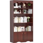Ourlova 5 Tier Modern Bookcase with Doors, Brown Wood Bookcase Storage Organizer Shelf, 63 in Tall Display Storage Shelves for Bedroom, Living Room, Office