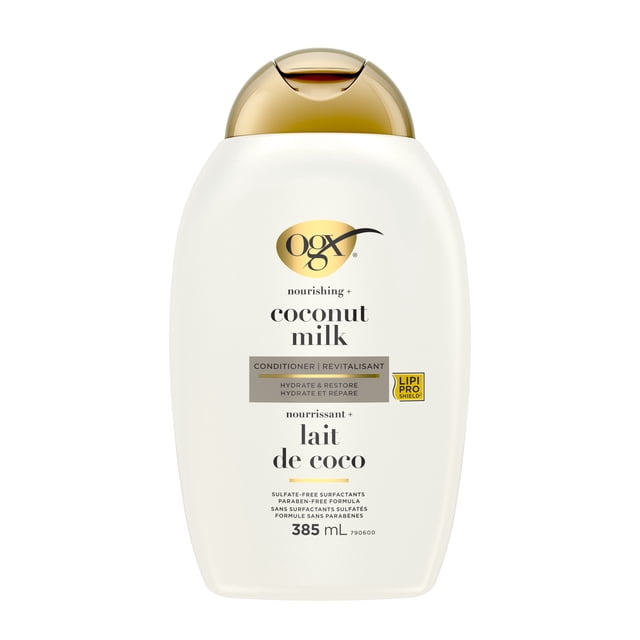 OGX Coconut Milk Conditioner 385ML bottle with white curved plastic body and gold flip-top cap, featuring LipiPro Shield technology, sulfate- and paraben-free formula to hydrate and restore hair.