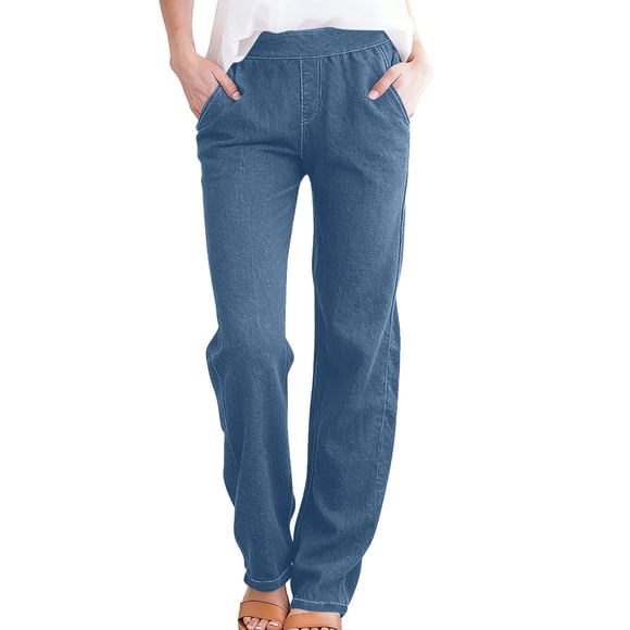 Ltctricy Women's Straight Leg Jeans Business Casual High Waisted Stretchy Pull on Work Pants Loose Trendy Pants with Pockets(Blue,XX-Large)