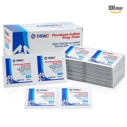 Tampons de Préparation à l'Iode - (Boîte de 100 Unités) Tampons de Solution de Préparation à l'Iode, Cotons-Tiges à l'Iode 10 % de Povidone pour Lingettes Désinfectantes Individuelles, Tampon Antiseptique Chirurgical Jetable en Coton pour Soins des Plaies et Premiers Soins