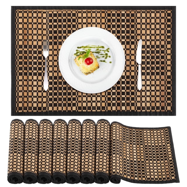 8 Pcs Bamboo Placemats, Heat Resistant Dining Table Mats, Washable Place Mats with Polyester Borders, Rustic Bamboo Mats for Dining Table, 17.7×11.8"