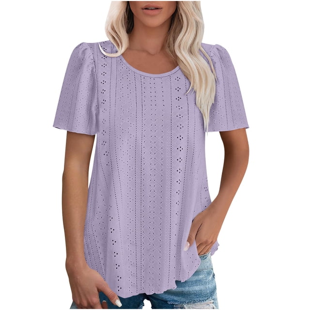 Timegard Hauts à Oeillets pour Femmes Col Rond Froncé Manches Courtes Ample Été Plage Décontracté Confortable Haut T-Shirt