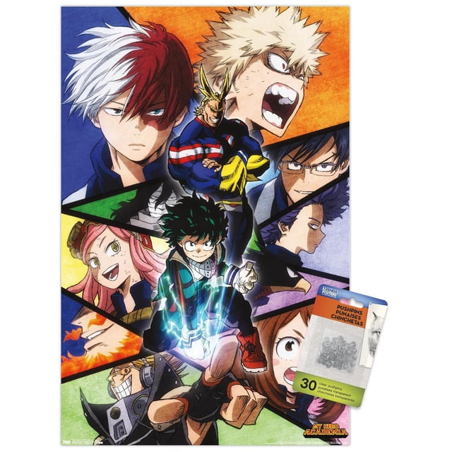 My Hero Academia - Visages Affiche Murale, 22,375 Pouces x 34 Pouces Mettant en Vedette des Personnages d'Anime Vibrants dans des poses Dynamiques avec une Finition Lustrée, Centrée sur un Héros aux Cheveux Verts Émettant une Énergie Bleue, sur un Fond Segmenté Coloré, art Mural d'Anime Idéal pour Chambres, Résidences Étudiantes Ou Bureaux.