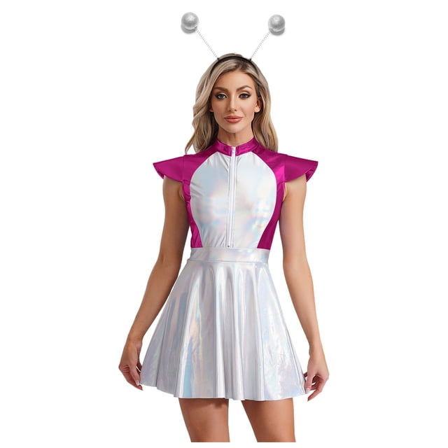 LiiYii Ensemble de Costume d'Alien de l'Espace pour Femmes, Robe Mini Évasée Trapèze à Manches Cap, avec Cheveux, Rose Vif, 4TG