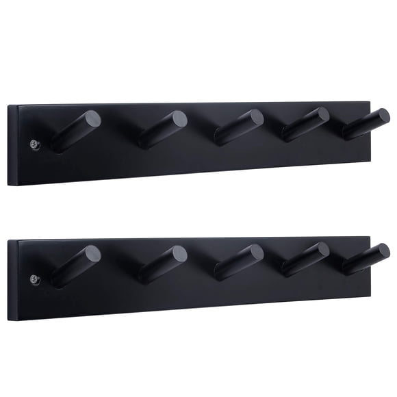WEBI Porte-Manteau Mural, 16 Pouces" Trou à Trou, Porte-Manteau Mural avec 5 Crochets pour Suspendre les Manteaux, Rail à Chevilles pour Chapeaux, Vestes, Vêtements, Serviettes, Noir, 2 Packs