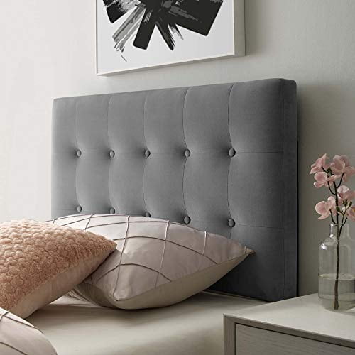 Modway Emily Twin Biscuit Tufted Performance Velvet Headboard in gray, featuring luxurious velvet polyester upholstery with biscuit button tufting for a classic and modern look. This twin-size headboard is height adjustable from 45 to 52.5 inches and includes dense foam padding for comfort. Ideal for kids' bedrooms, guest rooms, or dorms, it is constructed with plywood and fiberboard for durability and has stain-resistant fabric. Assembly required.