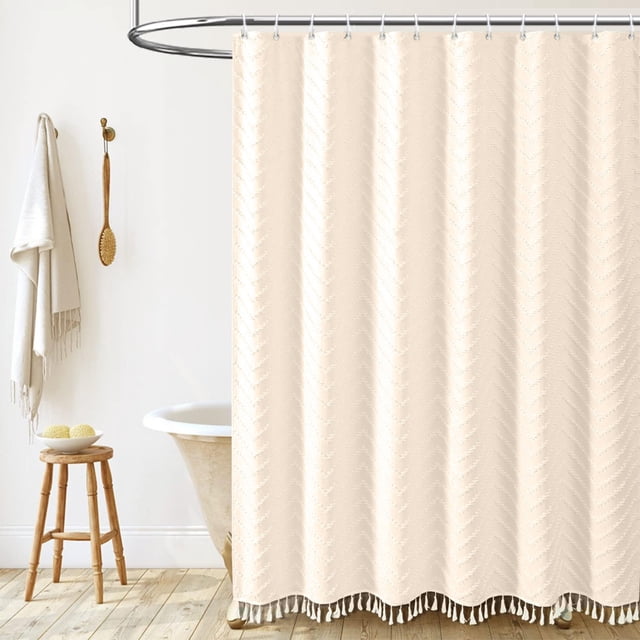 Liquidation des Offres du Jour! Rideau de Douche en Tissu Boho Rideau de Salle de Bain avec Pompon Rideau de Bain en Tissu Texturé Ensemble de Rideau de Douche Moderne avec Crochets