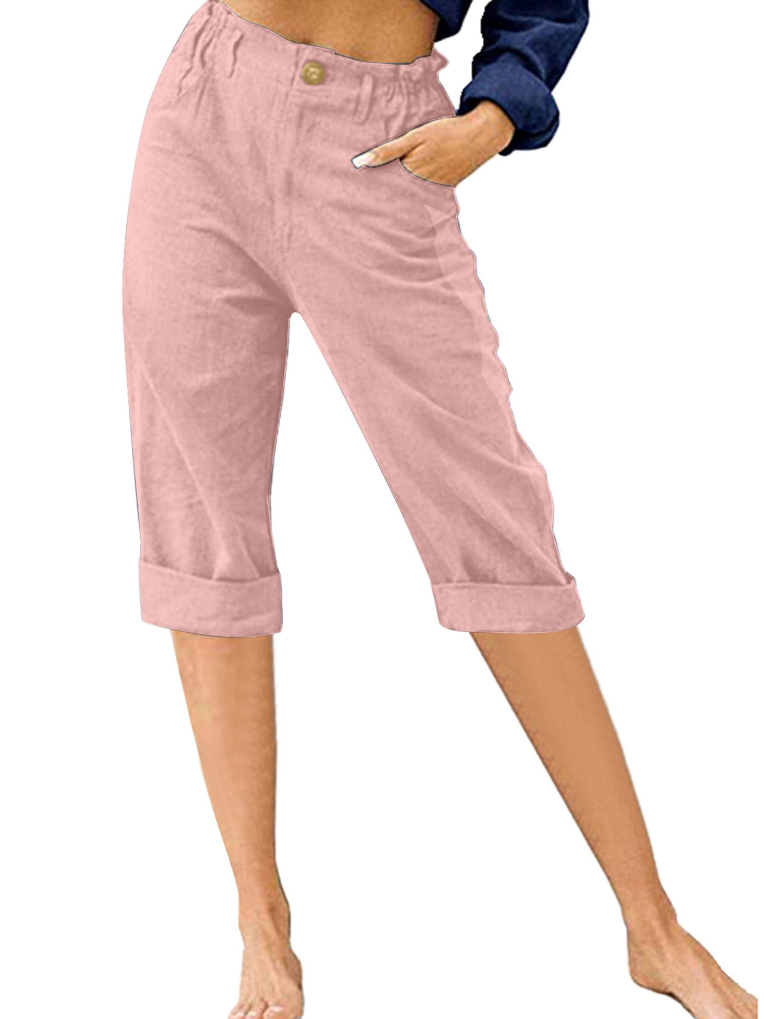 Innerwin Cropped Pant High Waist Women Capri Pants Beach Button Lounge Capris Pink M