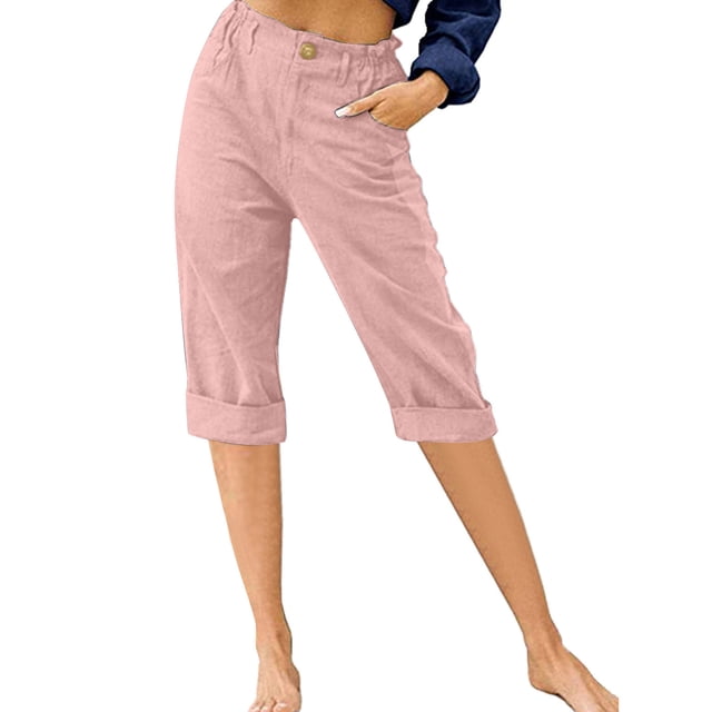Innerwin Women's High Waist Beach Button Lounge Capri Pants, Pink, Size L