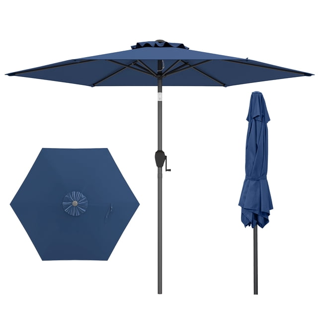 Gymax Parasol de Patio 7,5 Pi pour l'Extérieur, Parasol de Marché Robuste avec Inclinaison à Bouton-Poussoir en Bleu Marine. Conçu avec un Auvent en polyester Ventilé pour la Circulation d'Air et la protection Solaire, une Manivelle pour une Utilisation Sans Effort, et un Poteau en Métal durable avec six Baleines pour la Stabilité. Idéal pour les Jardins, les patios Ou les Zones au Bord de la Piscine.