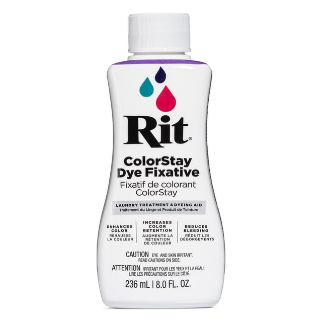 RIT ColorStay Fixatif pour Teinture Bouteille en Plastique Blanche de 8 fl oz (236 ml) avec Bouchon à Vis Blanc Contenant du Liquide Transparent pour Fixer la Couleur, Réduire la Décoloration et Augmenter la Rétention de la Couleur sur les fibres Naturelles comme le Coton et le Lin après des Projets de Teinture sur Tissu.