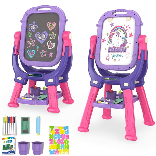 Victostar Chevalet pour Enfants, Chevalet Artistique Rotatif Double Face avec Tableau Blanc Magnétique et Tableau Noir, Chevalet Debout Réglable pour Tout-Petit avec