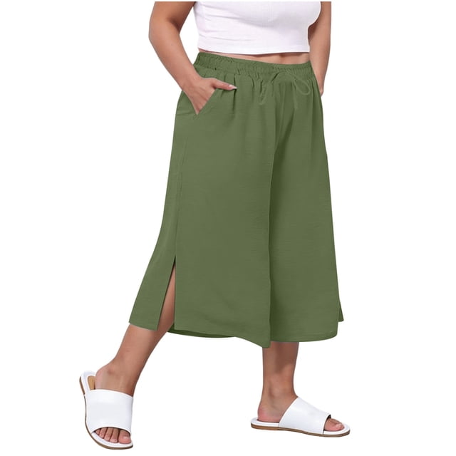 Ixbnca Plus Size Womens Capris Wide Leg Casual Crop Pants Drawstring High Waist Long Shorts with Pockets