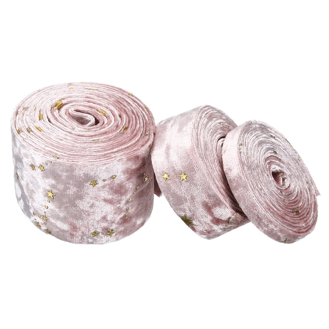 Unique Bargains 3/8', 1', 2' velvet ribbons set in pink, featuring three rolls with golden star accents. Made of durable velvet material, the set includes craft ribbons in varying widths: 3/8 inch, 1 inch, and 2 inches, each measuring 2.2 yards. Suitable for sewing, DIY crafting, gift wrapping, and home decorations.