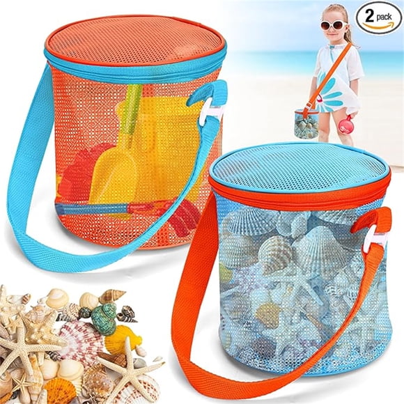 Sea Shell Bags for Beach,2pcs Mesh Seashell Holder,Shelling Collecting Tools Travel Sand Toys Storage Bucket for Sandbox,Beach Vacation Essentials,The Beach Must Haves Sand Box Toy Bag