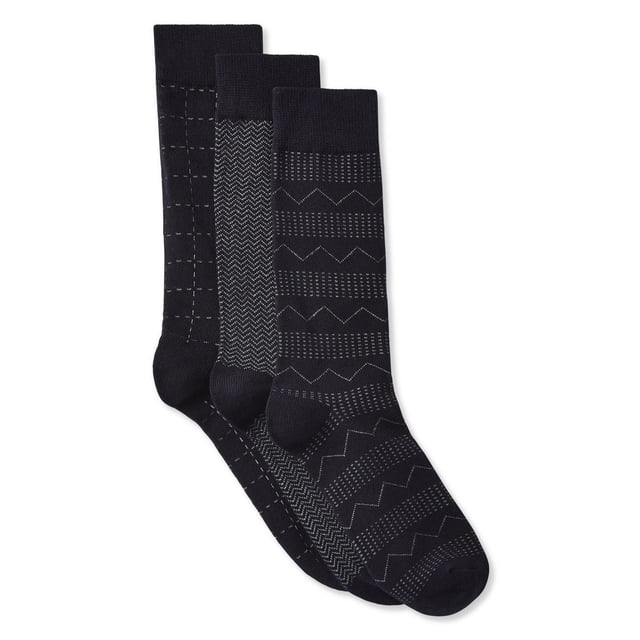 George Chaussettes Montantes pour Hommes, Lot de Trois, Comprenant des Chaussettes Noires Assorties Longueur Mi-Mollet avec Chevilles Élastiquées et Motifs Incluant zigzag, Quadrillé et Chevrons, Faites d'Un Mélange de polyester Convenant au Port Quotidien des Hommes.