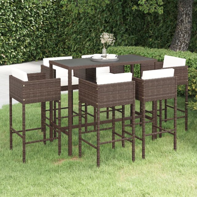 vidaXL Ensemble de Bar de Jardin 7 Pcs avec Coussins en Rotin Poly Brun