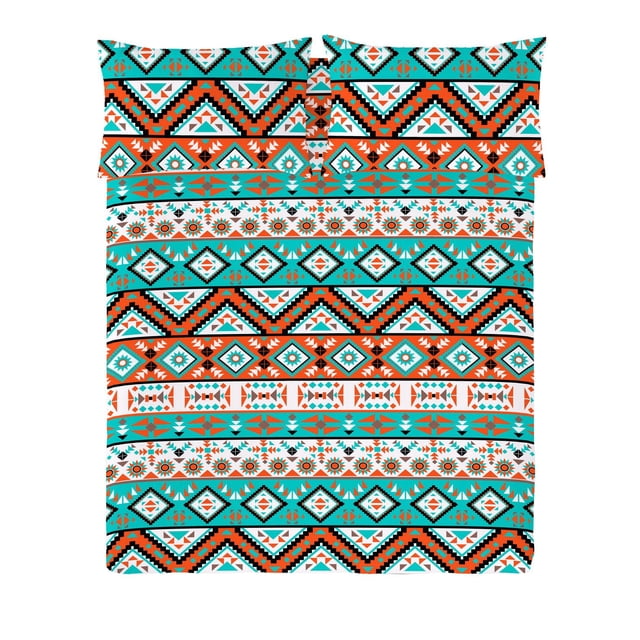 Gouchee Home Afrika King Duvet Cover Set with a top-down view of a king duvet and two pillow shams featuring bold tribal geometric patterns in turquoise, orange, black, and white. Made of OEKO-TEX certified 100% percale cotton with 140 thread count, it includes zipper closures and a reversible design with a vibrant print and a white reverse, ideal for adding breathable comfort and global style to bedrooms.