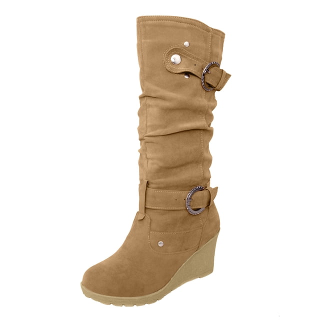 jovati Bottes à Tige Longue pour Femmes, Chaussures Plates d'Hiver à Bout Rond, Compensées Épaisses