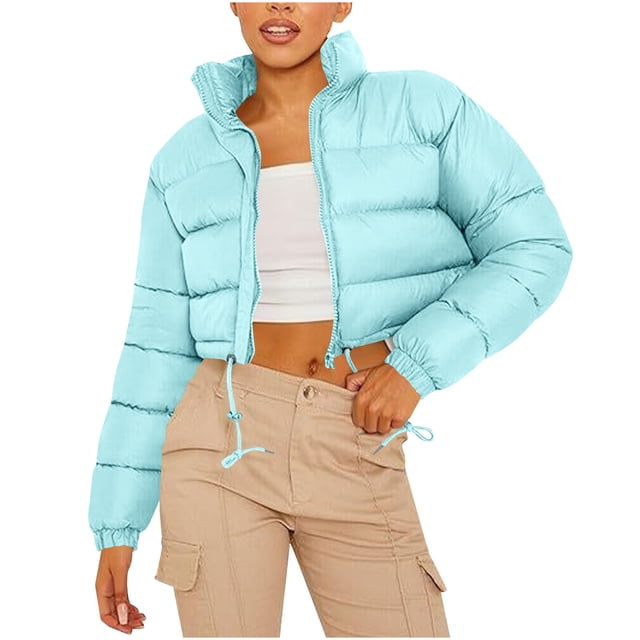 hoksml Women's Cropped Puffer Jacket with Drawstring Hem, Stand Collar Boxy Zip Front Casual Streetwear Short Jacket