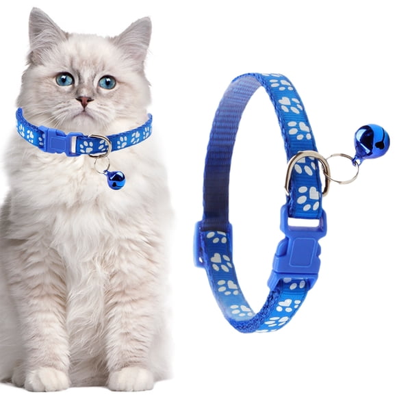 Polyester Neck Warmer Adjustable Cat Collar with Breakaway Clasp Reflective Strip & Bell Blue Paw Print Design Soft Neckband for Kittens(1-Piece) Rkxzt
