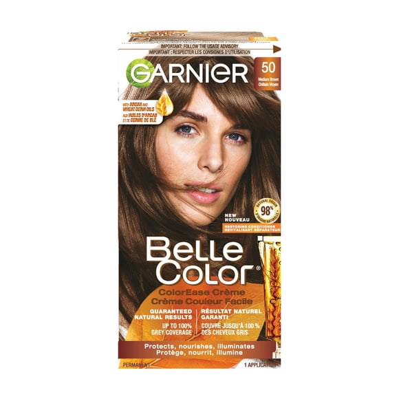 Garnier Belle Color Coloration Permanente, 50 Châtain Moyen, Couverture du Gris à 100%, Enrichi aux Huiles d'Argan et de Germe de Blé - 1 Application