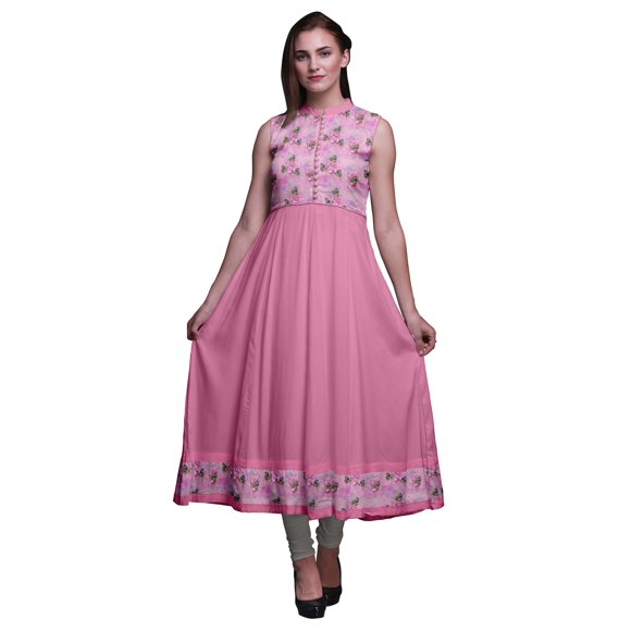 Bimba Light Pink Anarkali Dress Mandarin Collar Sleeveless Kurtis for Women Print Maxi Dress XXX-Large
