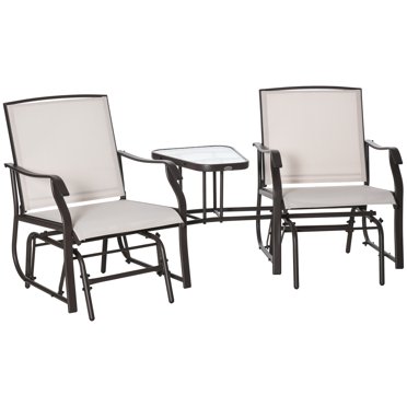Outsunny Patio Double Glider Chair with Glass Top Center Table, Outdoor Glider Chair with High Back,  Sling Fabric for Garden, Bench, Beige