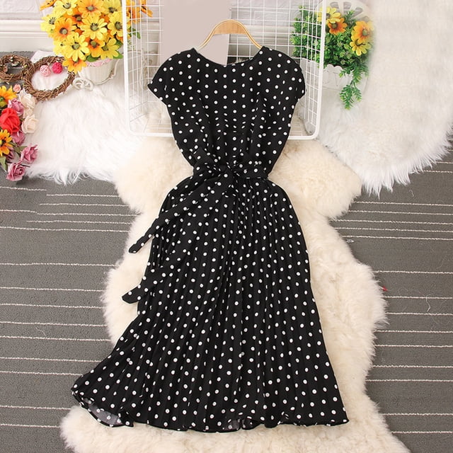 Robe d'Été pour Femmes 2024 Mode Grande Taille Jupe Mi-Longue Robe à Manches Courtes avec Pois Robe Plissée Rabais de 50 % Liquidation!