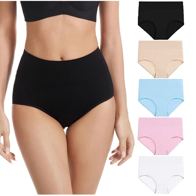 Cameland Womens Underwear Cotton High Waisted Stretch Comfy Briefs Full Coverage Panties for Ladies 5 Pack. The image shows a model wearing a black high-waisted brief, with additional briefs in beige, blue, pink, and white displayed alongside. These cotton panties provide full coverage and a stretchy, comfortable fit, ideal for daily and casual use.