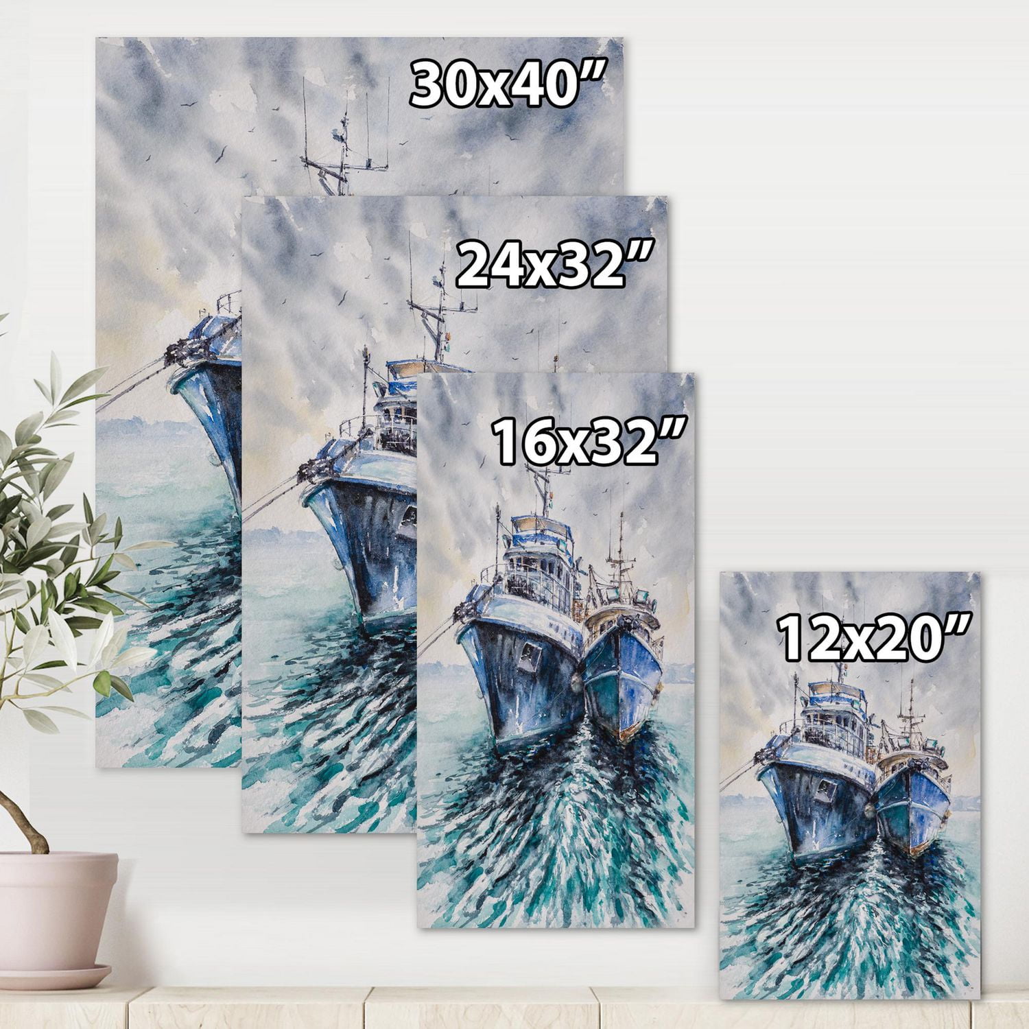 Designart Deux bateaux de pêche avant une tempête ancrés Art mural sur toile