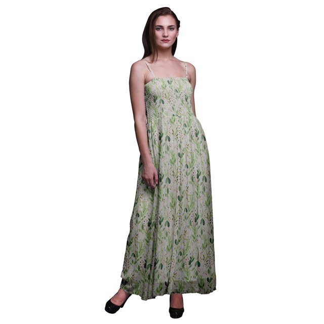 Bimba Robe à Bretelles Smockée en Georgette pour Femmes à Imprimé de Feuilles de Bleuet - Très Grand
