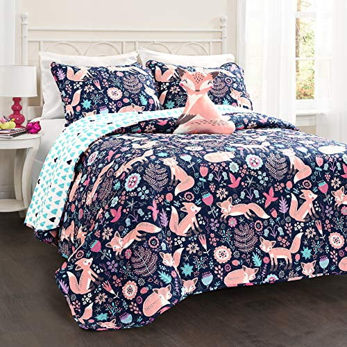 Lush Decor Pixie Fox 3 Piece Quilt Set, Twin, Navy & Pink