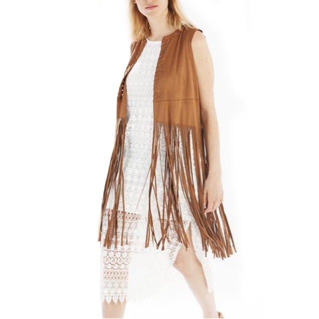 QualitChoice Femmes Sans Manches Ouvert Style Occidental Respirant Gilets à Franges Jupe Délicate Rétractation de Taille Cardigan Attrayant camel TTG