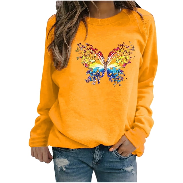 Hauts Décontractés d'Hiver pour Femmes Chandail en Molleton à Imprimé Papillon Blouse Tee Chandail