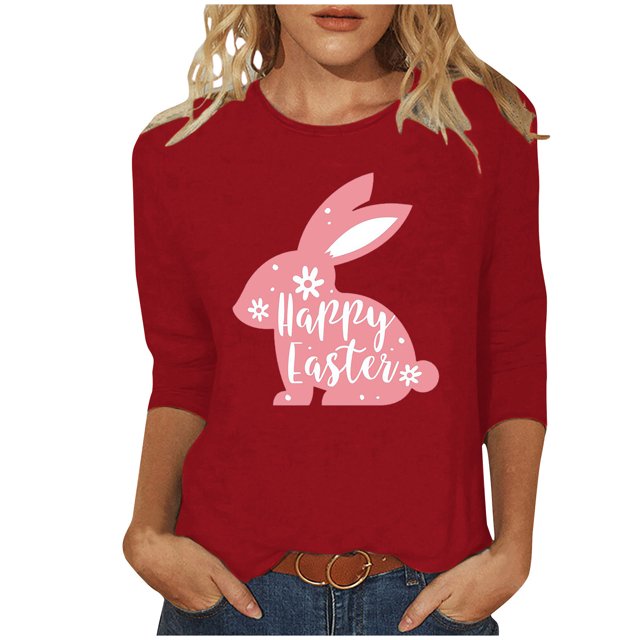 RKSTN Hauts pour Femmes Pâques Mignon Lapin Imprimé Coupe Ample Hauts Col Rond Manches 3/4 Printemps Été Blouse Douce