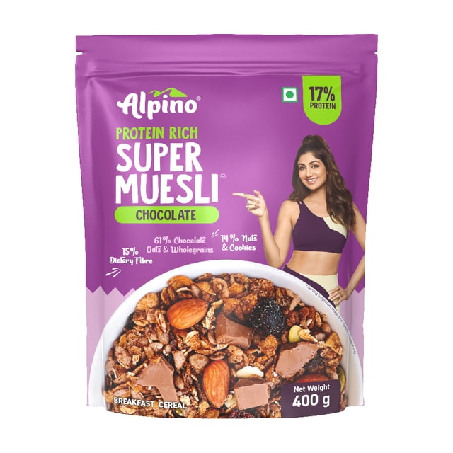 Alpino Super Muesli au Chocolat Riche en Protéines 400 g dans une Pochette Refermable. une Céréales de Déjeuner Santé avec 61 % de grains Entiers, 14 % de Noix et de Biscuits, et 17 % de Protéines. Riche en Fibres, en Acides Gras Oméga-3 et en Ingrédients d'Origine Végétale. Idéal pour le Déjeuner Ou les Collations.