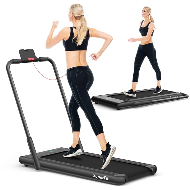 SuperFit 2.25HP 2-in-1 Folding Under Desk Treadmill with Speaker, Controller, and APP shown in two configurations: one with the riser up for running and one folded for under-desk walking. Features a black ABS frame, LED display, and a 5-layer shock-absorbing running belt. Includes a phone holder, Bluetooth speaker, and remote control for speed adjustment. Compact design with transport wheels for easy storage.