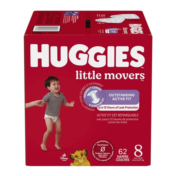 Couches pour bébés Huggies Little Movers, taille 8 (46 livres et plus), 62 couches