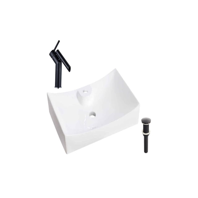 DROP Bath and Kitchen DR091479 Ensemble d'Évier de Salle de Bain avec un Évier Rectangulaire en Céramique Blanc avec une Finition Lustrée, un Robinet à un Seul Trou Noir et un drain Noir, Conçu pour une installation au-Dessus du Comptoir; Convient aux Rénovations Modernes de Salle de Bain.