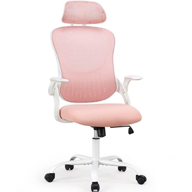 EDX Ergonomic Mesh Office Chair in pink with adjustable height, lumbar support, and flipped-up armrests. Features a breathable mesh back, padded seat, adjustable headrest, and a sturdy white base with smooth-rolling wheels. Designed for comfort and long-term use, ideal for desk work or home offices.