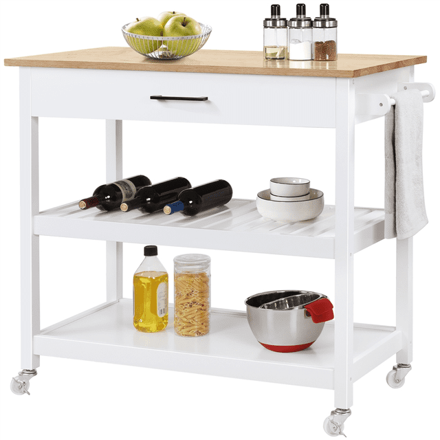 Yaheetech Kitchen Island avec Rangement et Tiroir en Blanc, avec un Comptoir en Bois Naturel et un Support Blanc. l'Îlot Comprend un Tiroir Élargi, Deux Étagères Ouvertes et un Porte-Serviettes Latéral. le Comptoir Mesure 40 Pouces de long par 20 Pouces de Large, les dimensions d'Ensemble Étant de 40 Pouces de long, 20 Pouces de Large et 36,5 Pouces de Haut. les Étagères Offrent un Grand Rangement pour les Essentiels de Cuisine, et les Quatre Roulettes à Roulettes Permet une Mobilité Facile, avec des Mécanismes de Verrouillage pour Fixer le Chariot en place. Fabriqué en