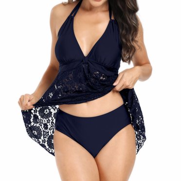 Fridja Maillot de Bain Halter pour Femmes 2024 Tankini en Dentelle Deux Pièces Robe de Bain Charmante Découpée Col en V Dos Nu Maillots de Bain pour Fêtes de Croisière (Bleu Foncé, m)