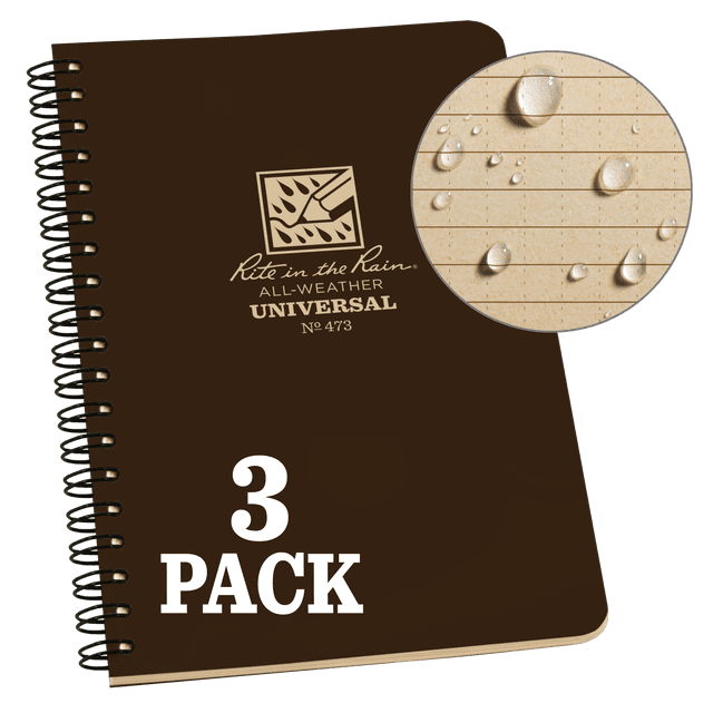 Rite in the Rain Weatherproof Side Spiral Notebook, 4.625" x 7", Brown Cover, Universal Pattern, 3 Pack (No. 473L3)